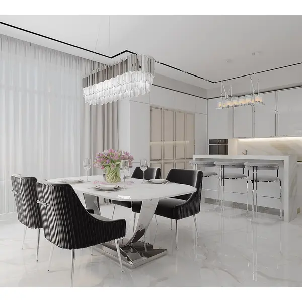 Stół glamour nowoczesny, designerski, srebrny z marmurowym białym blatem do jadalni ART DECO