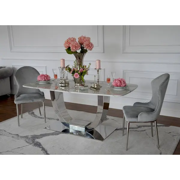 Stół glamour nowoczesny, designerski, srebrny z marmurowym białym blatem do jadalni ART DECO
