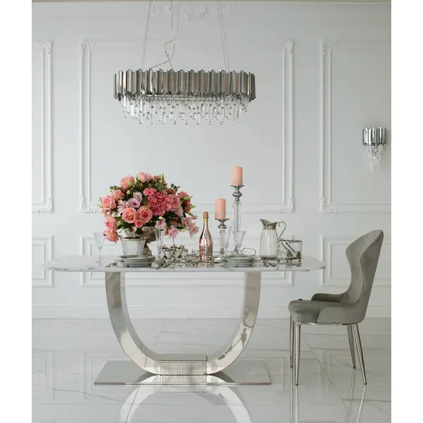 Stół glamour nowoczesny, designerski, srebrny z marmurowym białym blatem do jadalni ART DECO