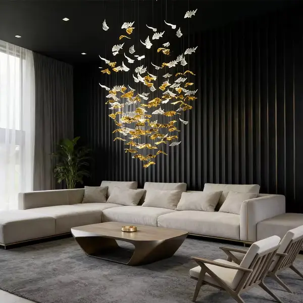 Designer golden glass leaf decoration hanging from the ceiling - LEAF FLOW