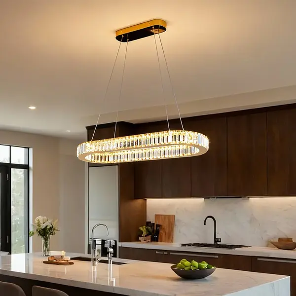 Glamorous gold crystal chandelier above the table, oblong CRYSTAL