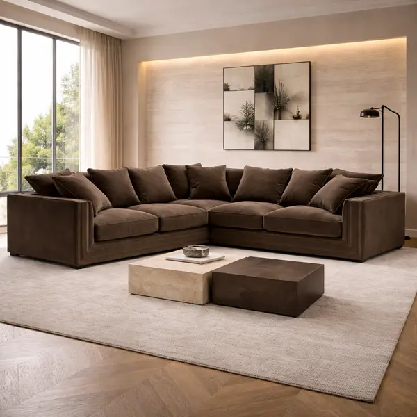 Aksamitny narożnik, nowoczesna kanapa narożna z funkcją spania i kedrą  NERO