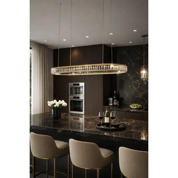 Crystal chandelier, ring, gold, modern glamor pendant lamp for the living room, adjustable ECLIPSE OVAL