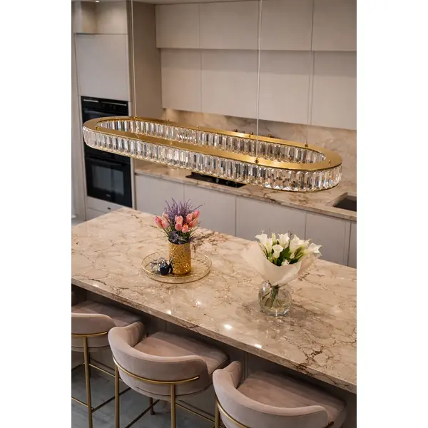 Crystal chandelier, ring, gold, modern glamor pendant lamp for the living room, adjustable ECLIPSE OVAL