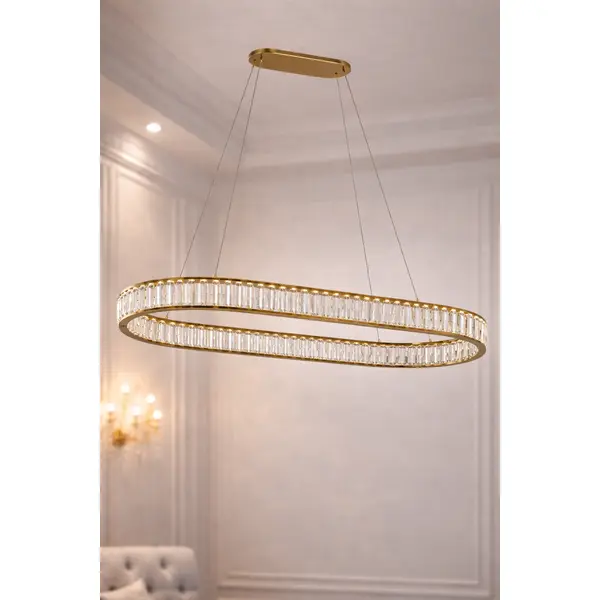 Żyrandol kryształowy złoty glamour nad stół, nad wyspę, podłużna duża lampa wisząca CRYSTAL OVAL