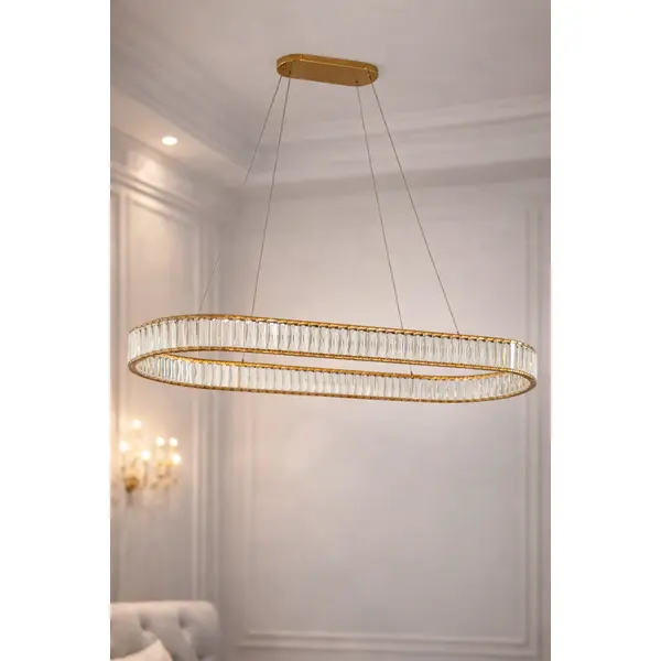 Żyrandol kryształowy złoty glamour nad stół, nad wyspę, podłużna duża lampa wisząca CRYSTAL OVAL