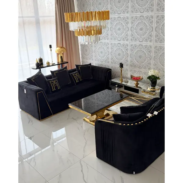 Luksusowa czarna sofa welwetowa złota 3 osobowa MONTE CARLO z ekspozycji