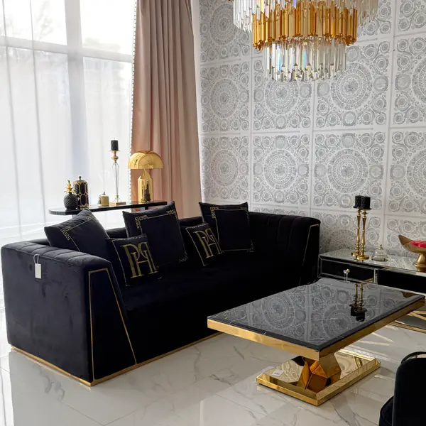 Luksusowa czarna sofa welwetowa złota 3 osobowa MONTE CARLO z ekspozycji