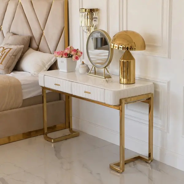 Glamor console, dressing table for the bedroom, for the dressing room, modern, beige, with a drawer, with a gold mirror AMORE