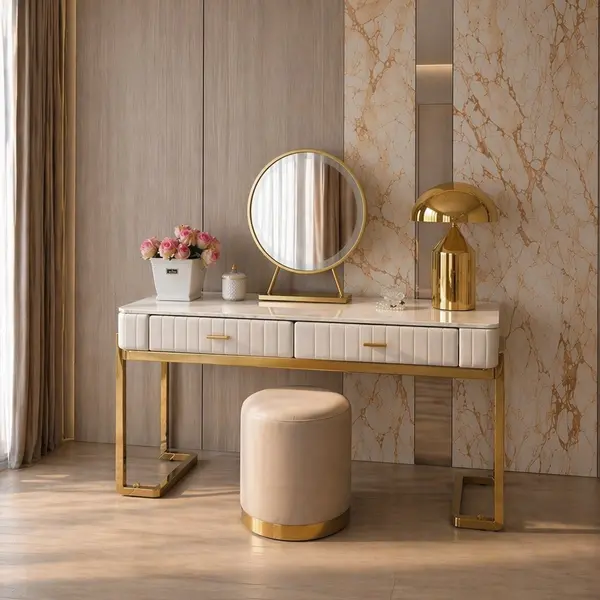 Glamor console, dressing table for the bedroom, for the dressing room, modern, beige, with a drawer, with a gold mirror AMORE