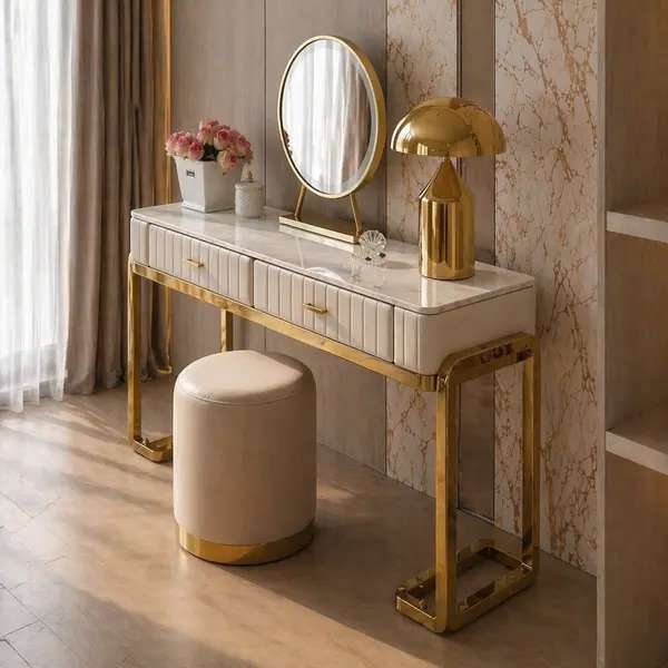 Glamor console, dressing table for the bedroom, for the dressing room, modern, beige, with a drawer, with a gold mirror AMORE