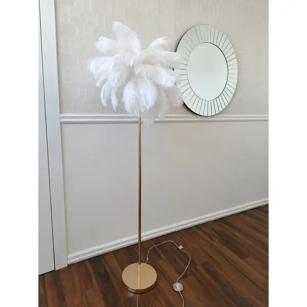 Lampa podłogowa glamour złota z białymi piórami 160 cm OUTLET