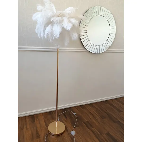 Lampa podłogowa glamour złota z białymi piórami 160 cm OUTLET