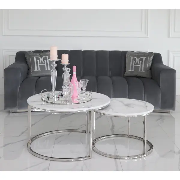 Stolik kawowy glamour nowoczesny srebrny z białym kamiennym marmurowym blatem MARCO SILVER