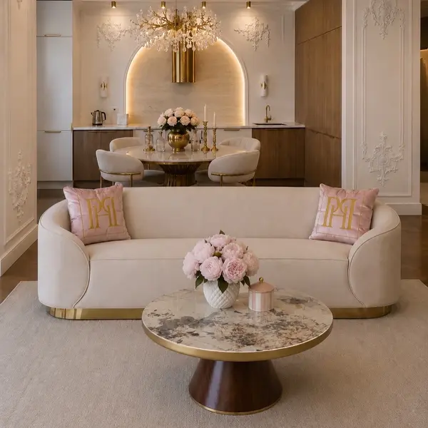 Glamorous sofa exclusive for living room, beige gold FLORENCE