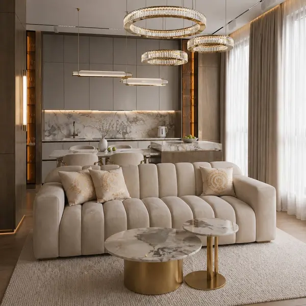 Ekskluzywna sofa beżowa 3 osobowa na złotej nodze LONDON