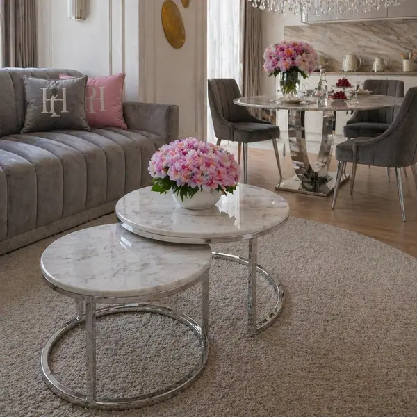 Stolik kawowy glamour nowoczesny srebrny z białym kamiennym marmurowym blatem MARCO SILVER