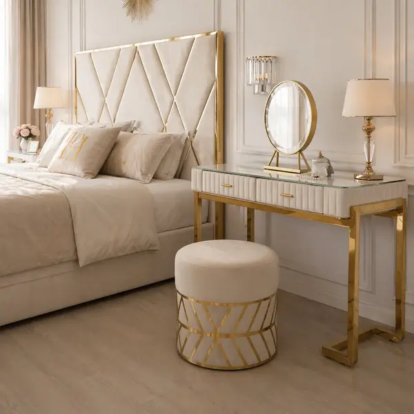Glamor console, dressing table for the bedroom, for the dressing room, modern, beige, with a drawer, with a gold mirror AMORE