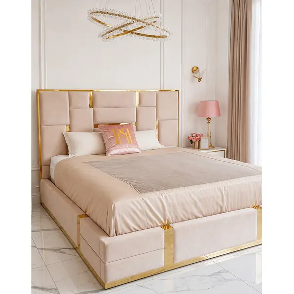 Upholstered glamor bed, modern, with a gold slat, beige 180x200cm EMPORIO