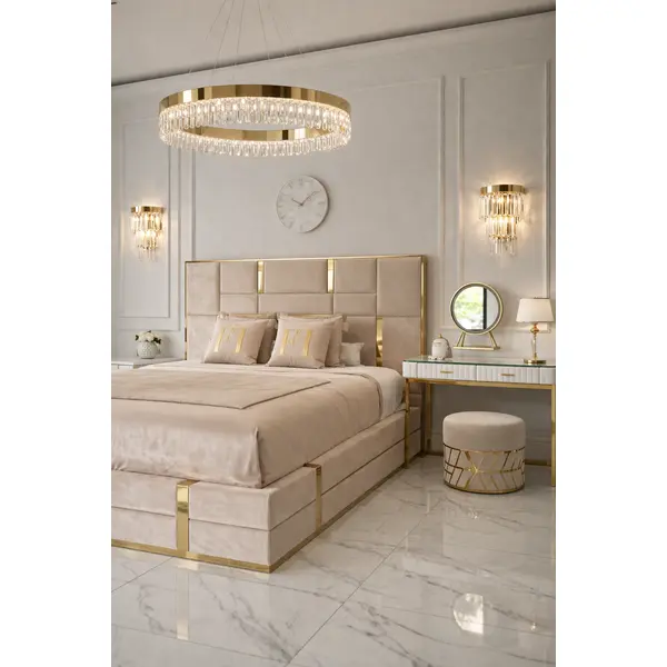 Upholstered glamor bed, modern, with a gold slat, beige 180x200cm EMPORIO