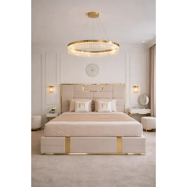 Upholstered glamor bed, modern, with a gold slat, beige 180x200cm EMPORIO