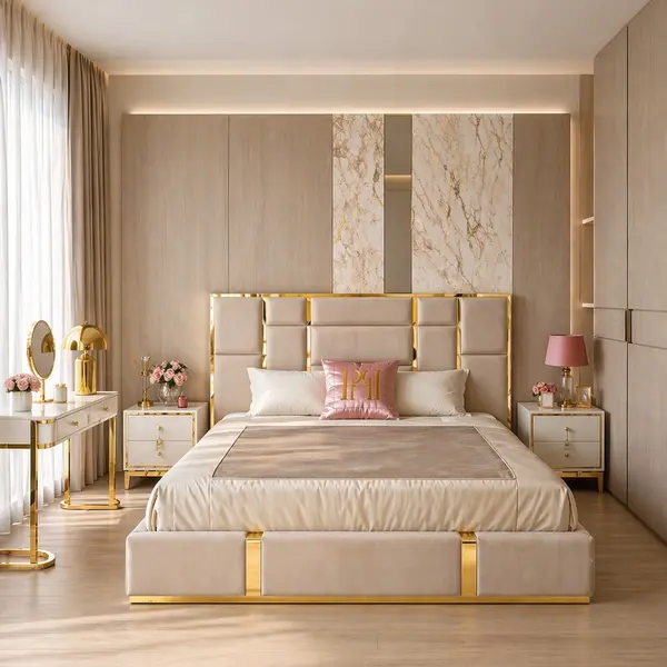 Upholstered glamor bed, modern, with a gold slat, beige 180x200cm EMPORIO