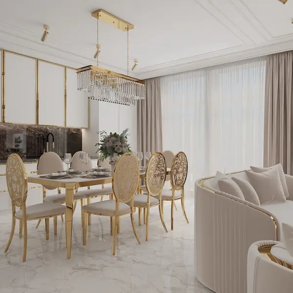 Designer dining table, glamor, with a glass top, steel, gold ELITE