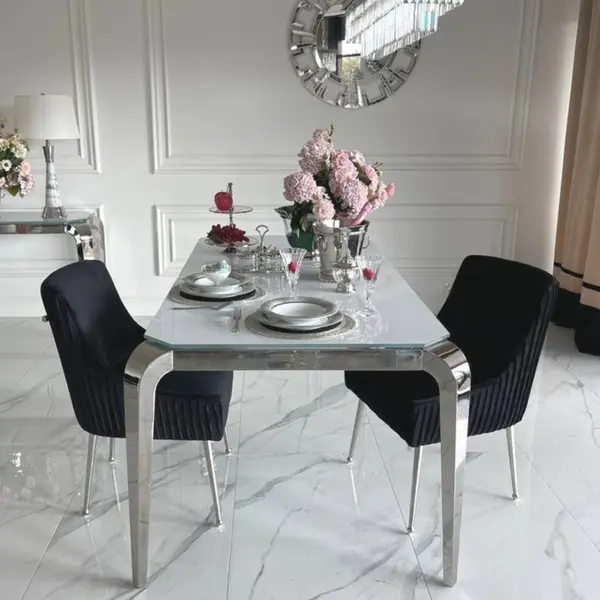 Design glamor table with a glass top, steel, modern, silver ELITE