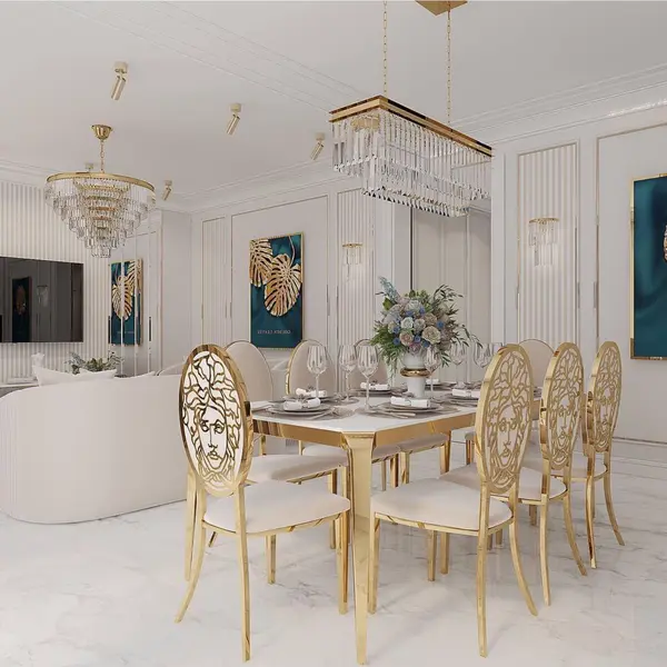 Designer dining table, glamor, with a glass top, steel, gold ELITE