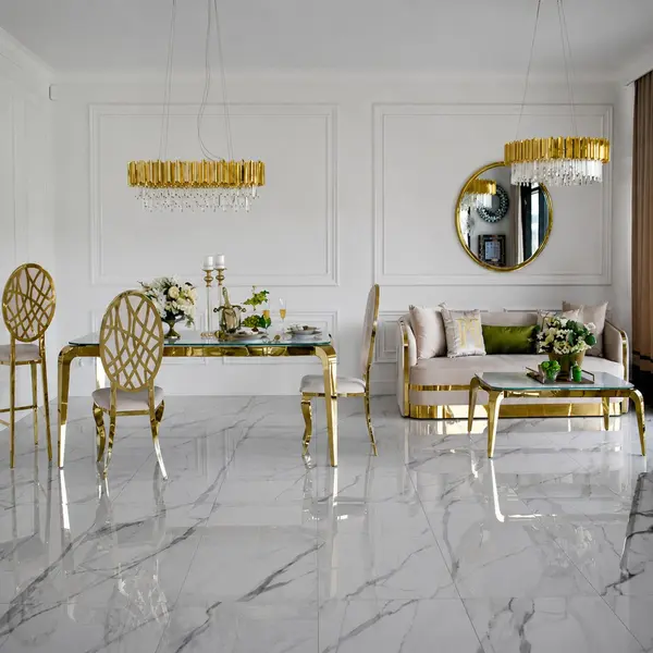 Designer dining table, glamor, with a glass top, steel, gold ELITE