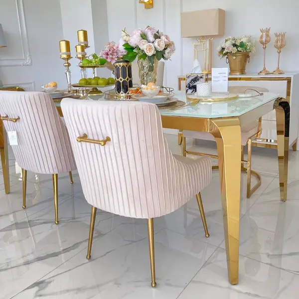 Designer dining table, glamor, with a glass top, steel, gold ELITE