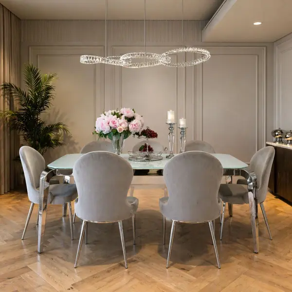 Design glamor table with a glass top, steel, modern, silver ELITE