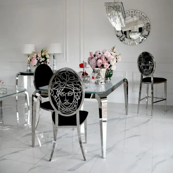 Exclusive dining chair, glamor, modern, steel black, silver MEDUSA