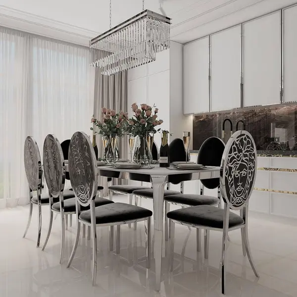 Exclusive dining chair, glamor, modern, steel black, silver MEDUSA