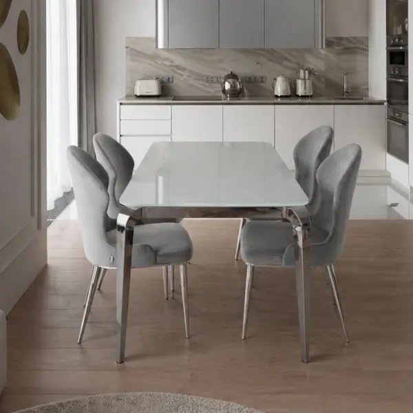 Design glamor table with a glass top, steel, modern, silver ELITE