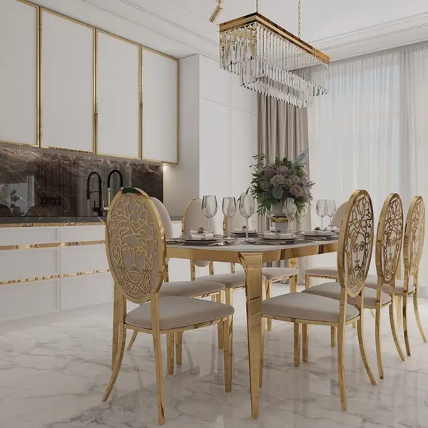 Designer dining table, glamor, with a glass top, steel, gold ELITE