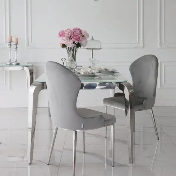 Stół glamour srebrny glamour z białym szklanym blatem, stalowy, nowoczesny, designerski ELITE