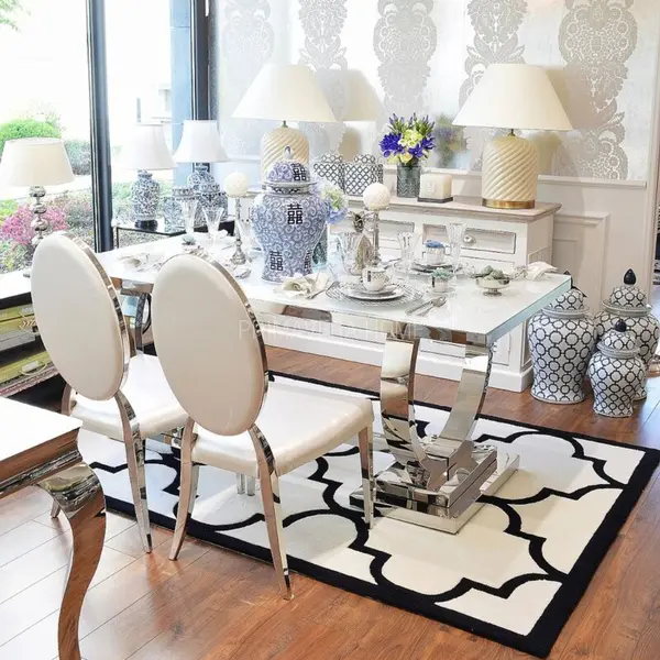 Modern glamor dining table white glass steel top silver MARCELLO OUTLET 220cm