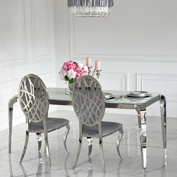 Design glamor table with a glass top, steel, modern, silver ELITE