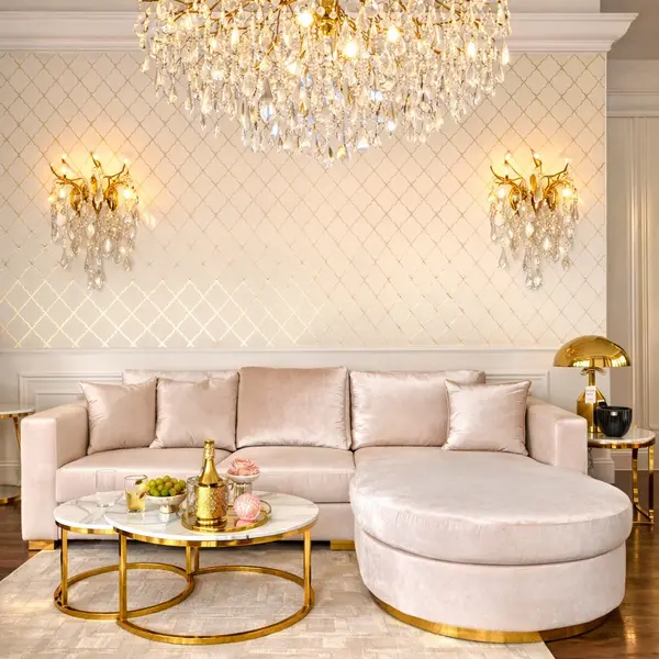 Modern glamor corner sofa, for the living room, rounded, convertible, beige, comfortable corner boucle PARIS