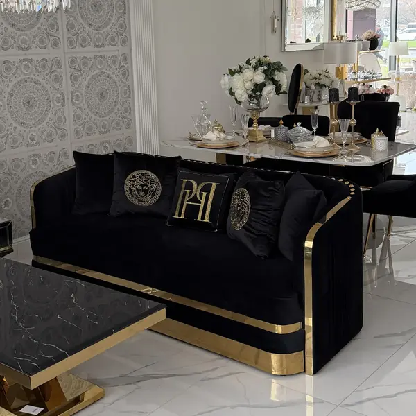 Ekskluzywna sofa czarna 3 osobowa złota kanapa glamour MADONNA