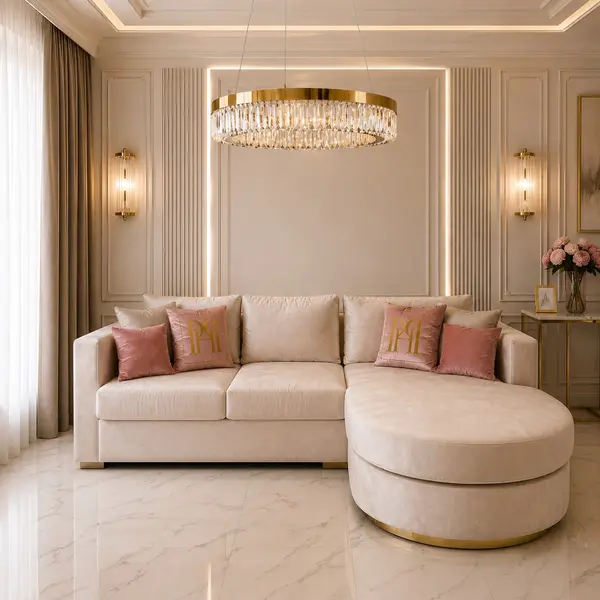 Modern glamor corner sofa, for the living room, rounded, convertible, beige, comfortable corner boucle PARIS