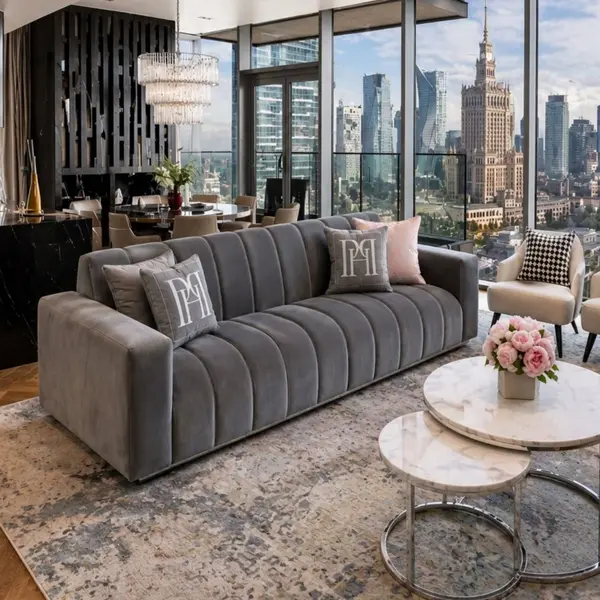Nowoczesna sofa szara aksamitna 3-osobowa ze srebrnymi nogami LONDON