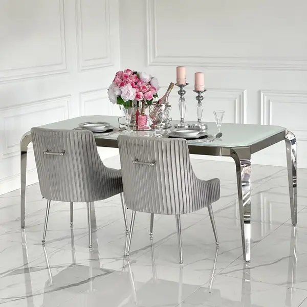 Design glamor table with a glass top, steel, modern, silver ELITE