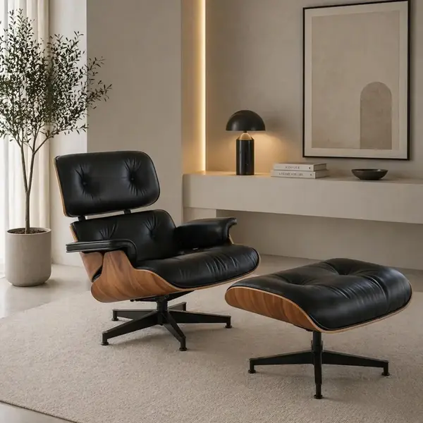 Aranżacja fotela Lounge z podnóżkiem w nowoczesnym salonie. Meble od Primavera Home.