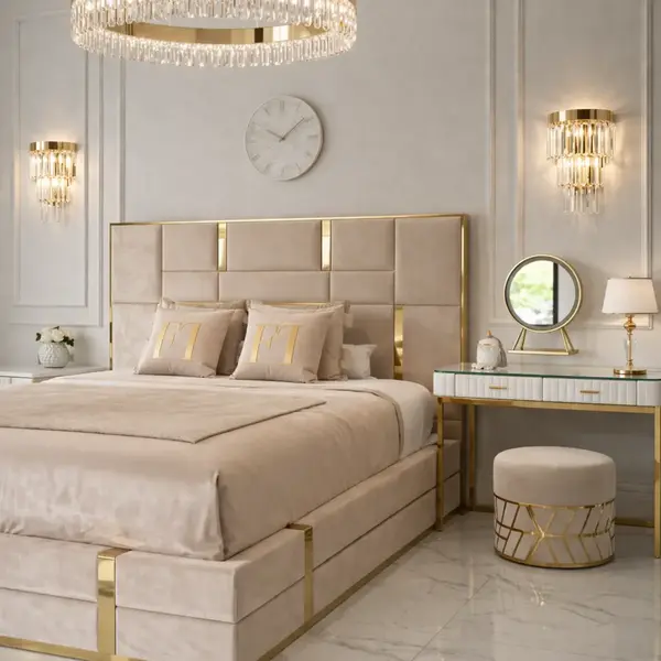 Przód beżowego łóżka Emporio w eleganckim wnętrzu od Primavera Home.