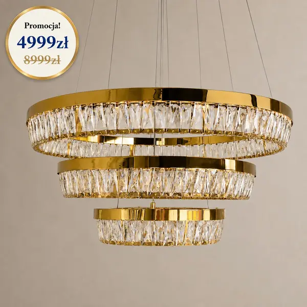 Żyrandol kryształowy złoty 3 ringi w promocji od Primavera Home