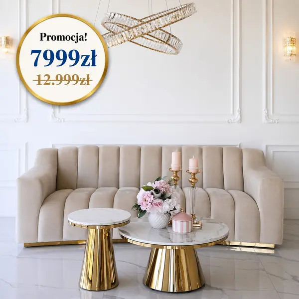 Sofa nowoczesna beżowa ze złotym akcentem w promocji London od Primavera Home