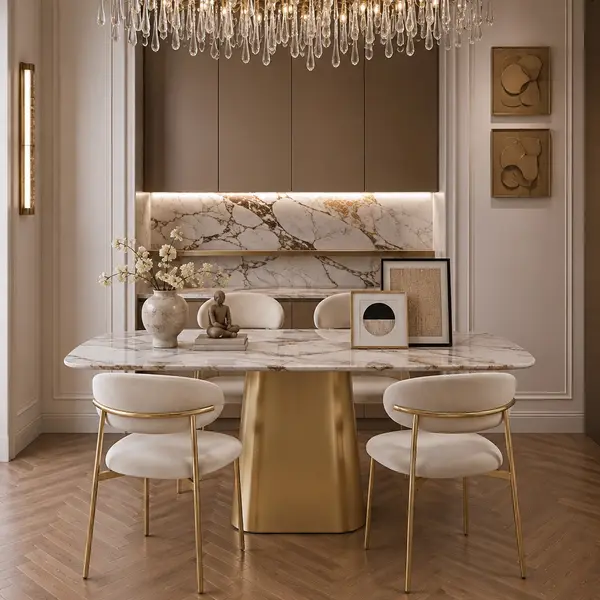 nowoczesny stół na jednej złotej nodze szczotkowane złoto