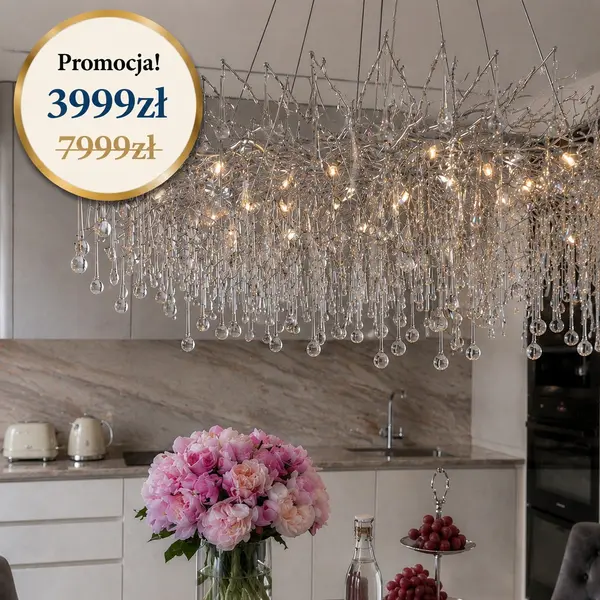 Żyrandol srebrny nowoczesny krople deszczu w promocji Primavera home